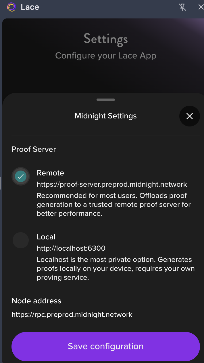 Lace Midnight Settings — Proof Server (Remote/Local) and Node address