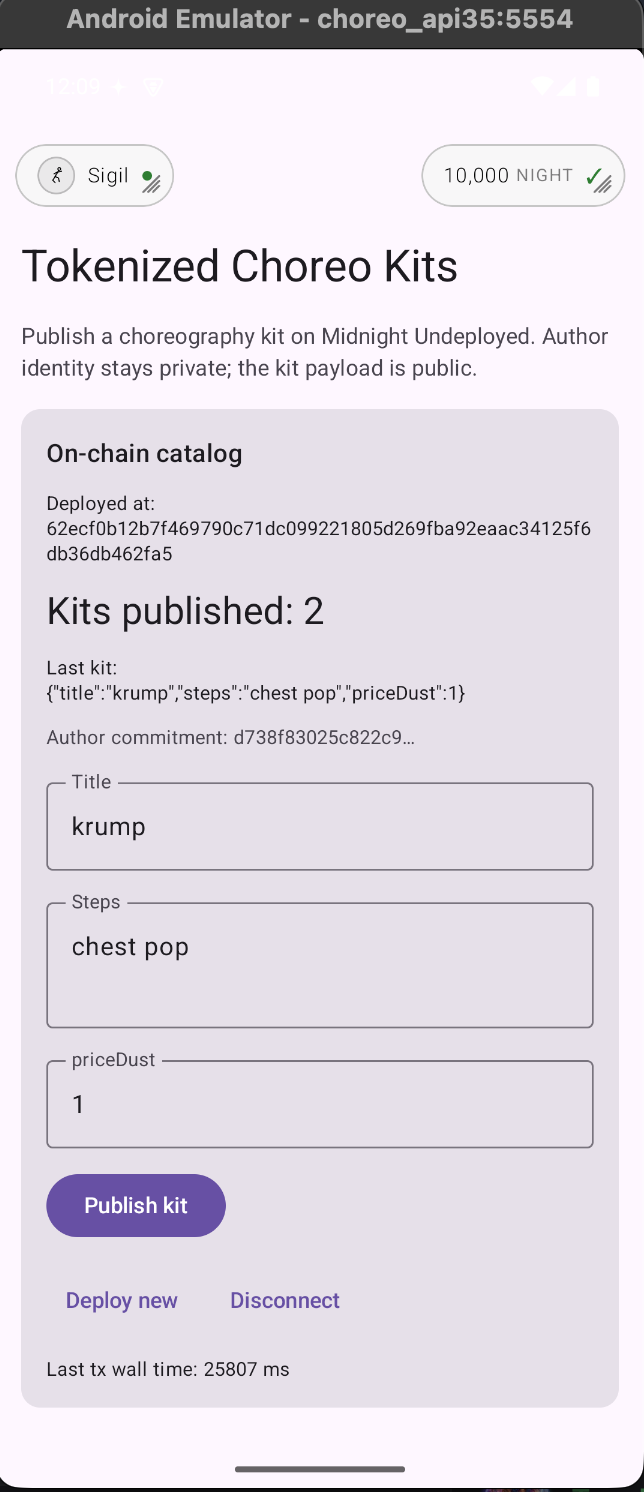 mobilemidnight Android emulator — Tokenized Choreo Kits demo running on Midnight Undeployed
